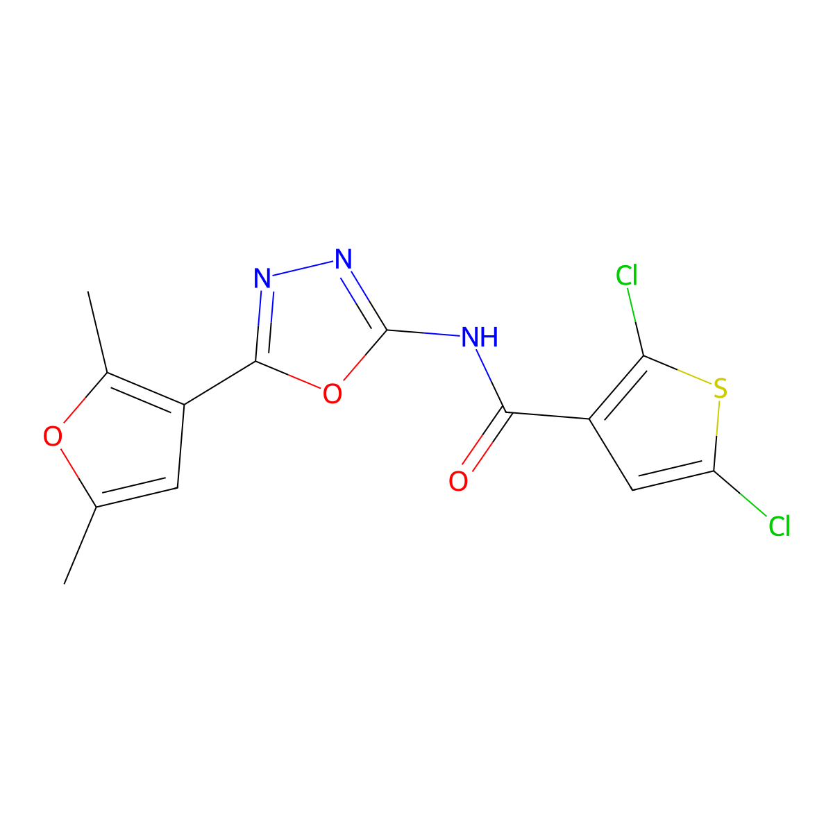 2,5-dichloro-N-[5-(2,5-dimethylfuran-3-yl)-1,3,4-oxadiazol-2-yl]thiophene-3-carboxamide molecular structure, CAS 1251578-45-6
