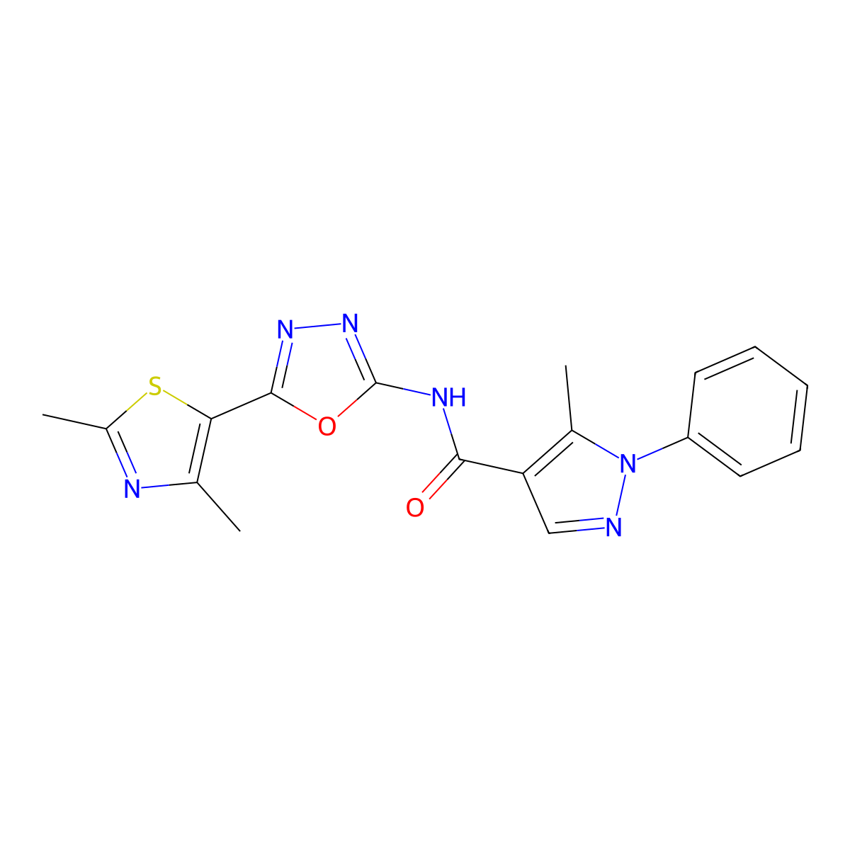 N-(5-(2,4-dimethylthiazol-5-yl)-1,3,4-oxadiazol-2-yl)-5-methyl-1-phenyl-1H-pyrazole-4-carboxamide molecular structure, CAS 1251578-49-0