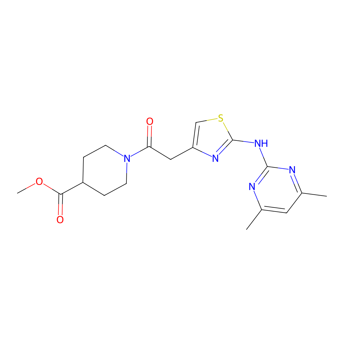 Methyl 1-(2-(2-((4,6-dimethylpyrimidin-2-yl)amino)thiazol-4-yl)acetyl)piperidine-4-carboxylate molecular structure, CAS 1251578-53-6