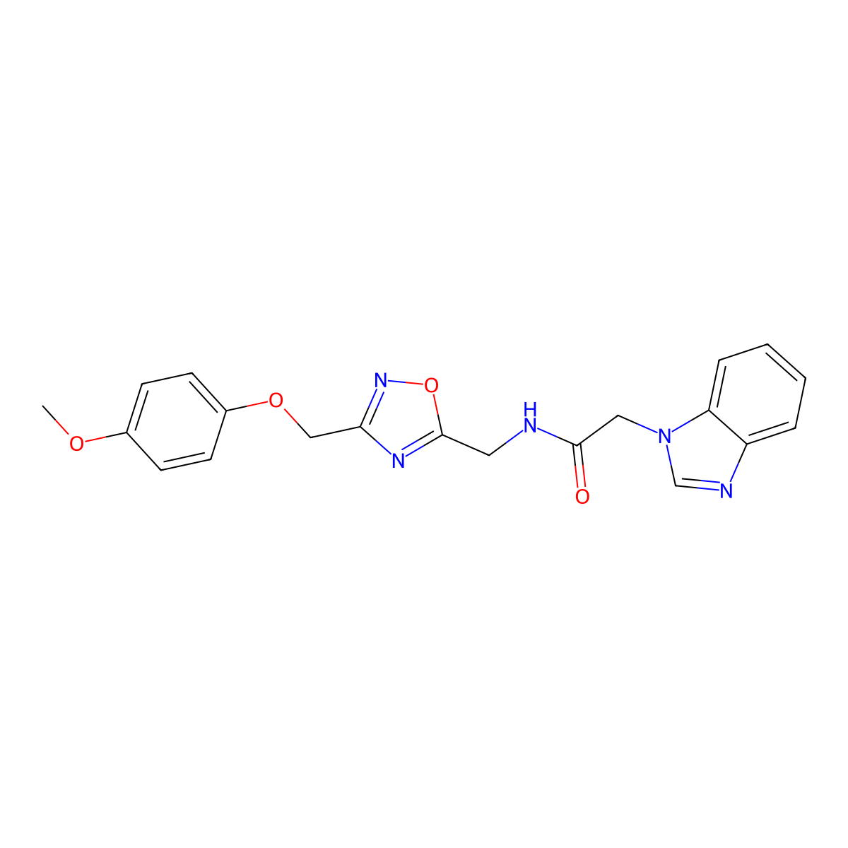 2-(1H-benzo[d]imidazol-1-yl)-N-((3-((4-methoxyphenoxy)methyl)-1,2,4-oxadiazol-5-yl)methyl)acetamide molecular structure, CAS 1251578-56-9