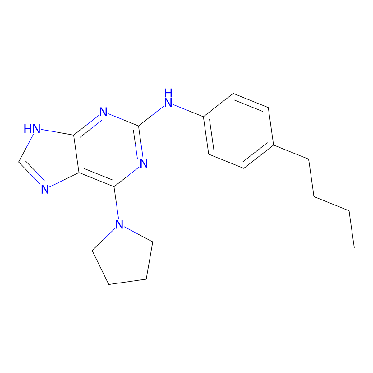 N-(4-butylphenyl)-6-(pyrrolidin-1-yl)-9H-purin-2-amine molecular structure, CAS 1251578-77-4
