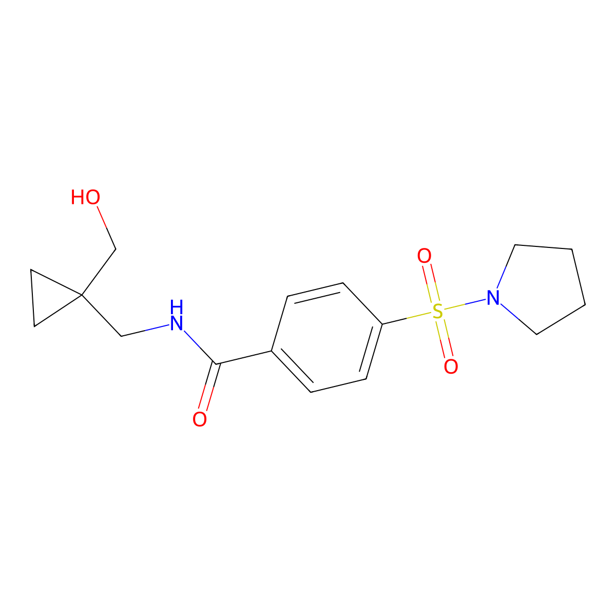 N-((1-(hydroxymethyl)cyclopropyl)methyl)-4-(pyrrolidin-1-ylsulfonyl)benzamide molecular structure, CAS 1251578-85-4