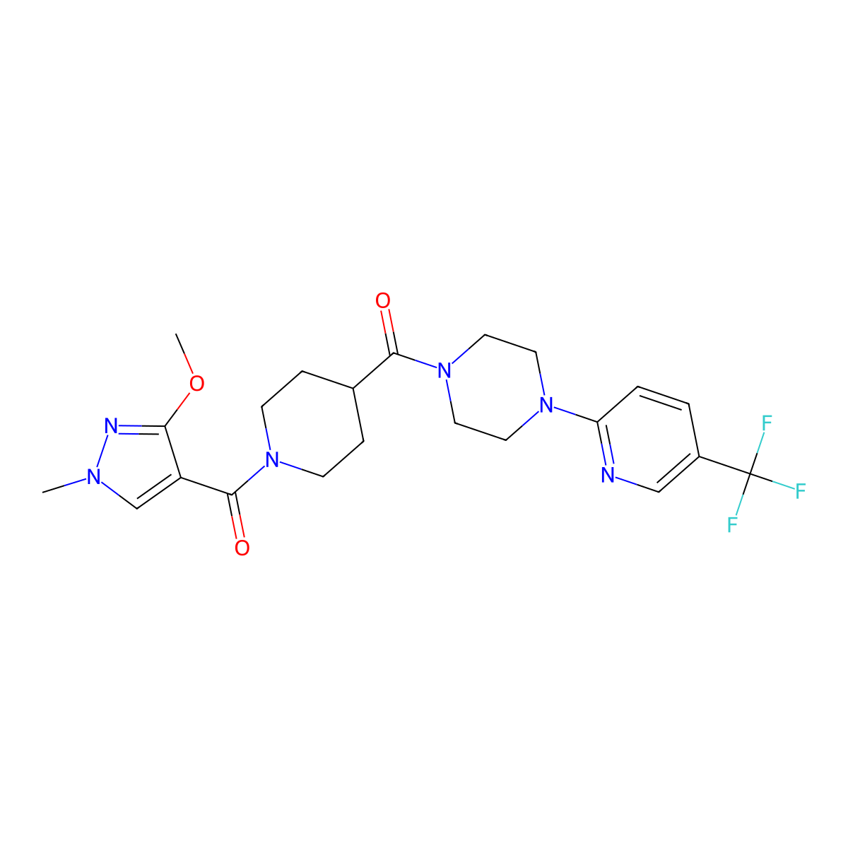 (3-methoxy-1-methyl-1H-pyrazol-4-yl)(4-(4-(5-(trifluoromethyl)pyridin-2-yl)piperazine-1-carbonyl)piperidin-1-yl)methanone molecular structure, CAS 1251579-02-8