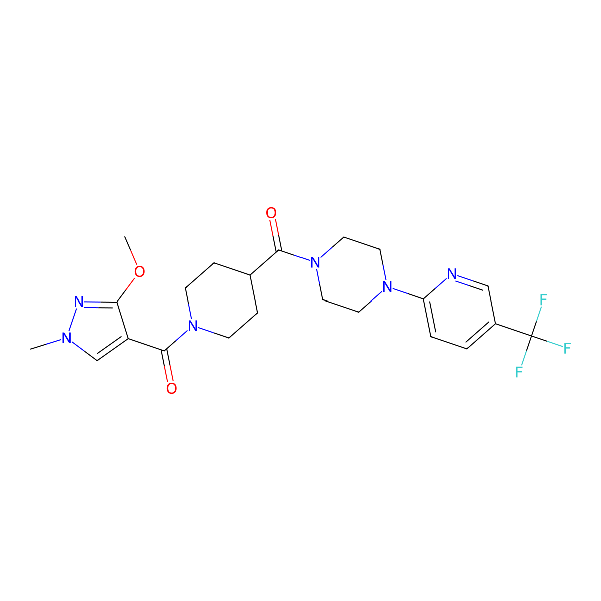 (3-methoxy-1-methyl-1H-pyrazol-4-yl)(4-(4-(5-(trifluoromethyl)pyridin-2-yl)piperazine-1-carbonyl)piperidin-1-yl)methanone molecular structure, CAS 1251579-02-8