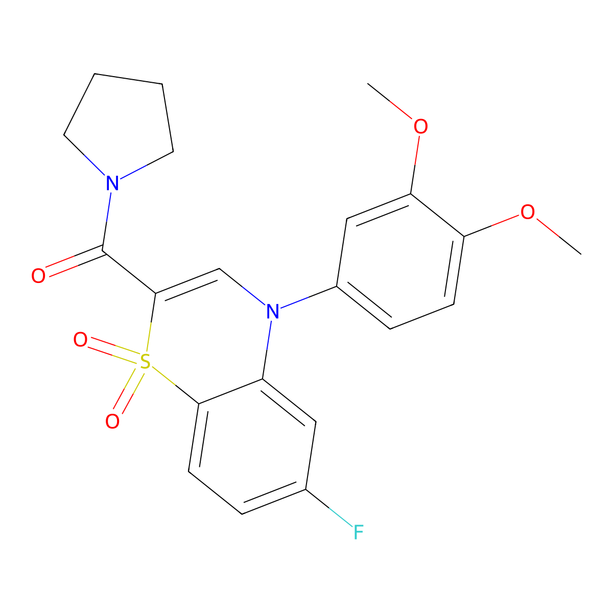 4-(3,4-dimethoxyphenyl)-6-fluoro-2-(pyrrolidin-1-ylcarbonyl)-4H-1,4-benzothiazine 1,1-dioxide molecular structure, CAS 1251579-35-7