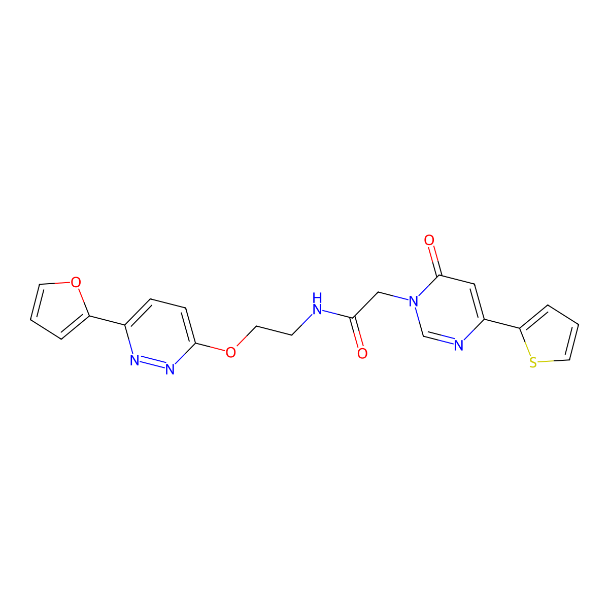 N-(2-((6-(furan-2-yl)pyridazin-3-yl)oxy)ethyl)-2-(6-oxo-4-(thiophen-2-yl)pyrimidin-1(6H)-yl)acetamide molecular structure, CAS 1251579-36-8