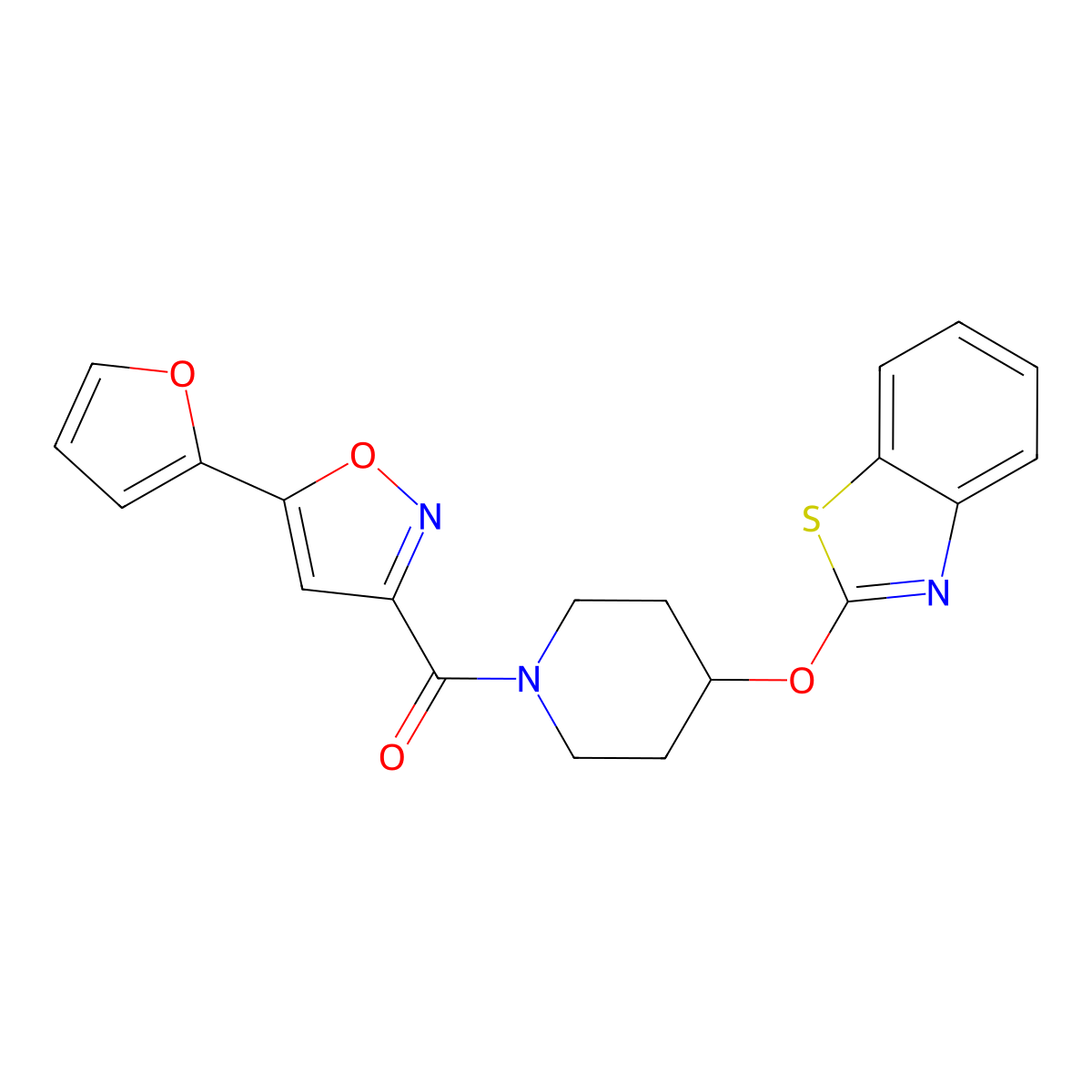 (4-(Benzo[d]thiazol-2-yloxy)piperidin-1-yl)(5-(furan-2-yl)isoxazol-3-yl)methanone molecular structure, CAS 1251580-11-6