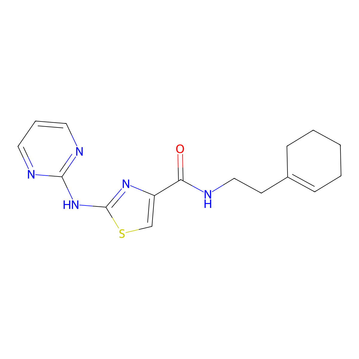 N-(2-(cyclohex-1-en-1-yl)ethyl)-2-(pyrimidin-2-ylamino)thiazole-4-carboxamide molecular structure, CAS 1251580-16-1