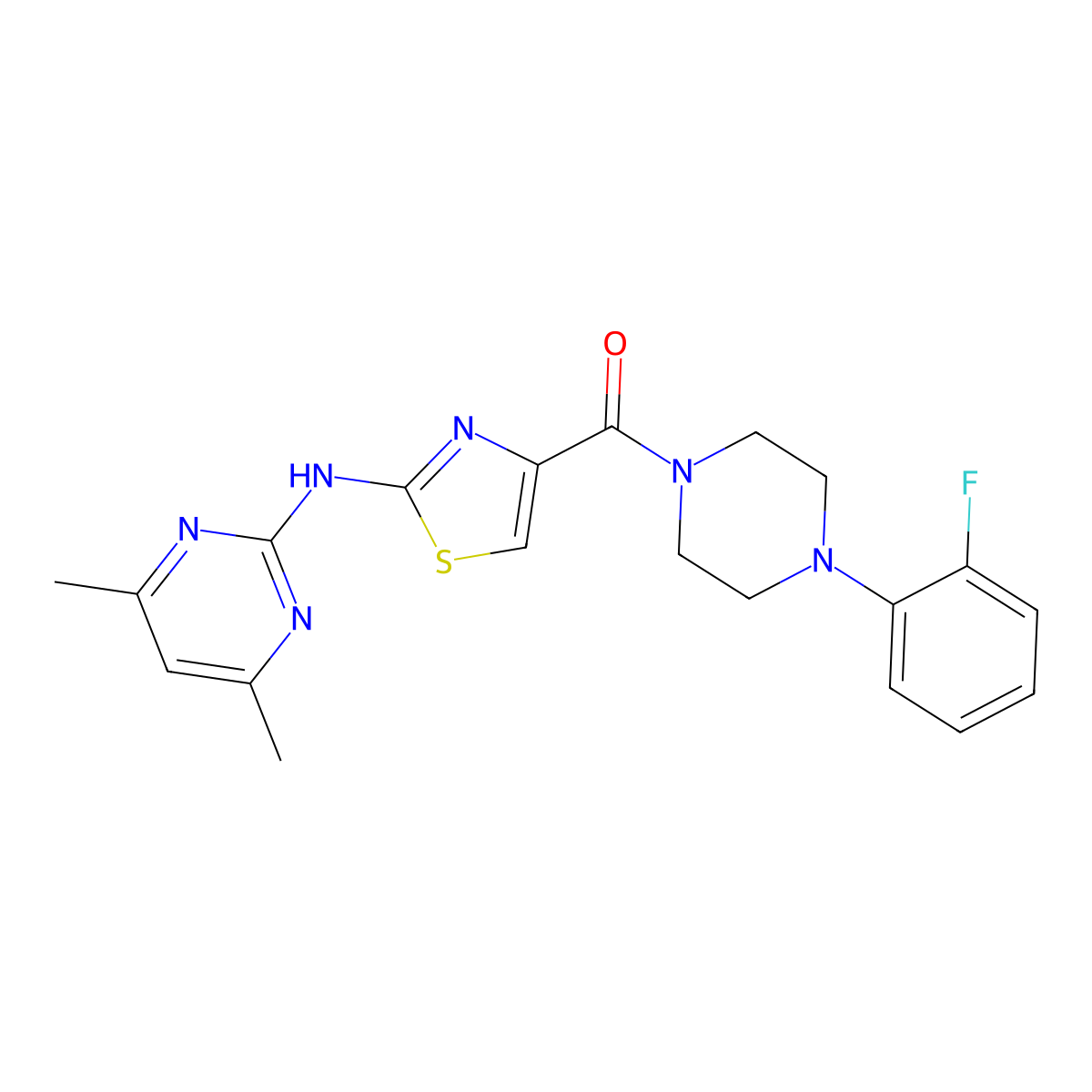 (2-((4,6-Dimethylpyrimidin-2-yl)amino)thiazol-4-yl)(4-(2-fluorophenyl)piperazin-1-yl)methanone molecular structure, CAS 1251580-25-2