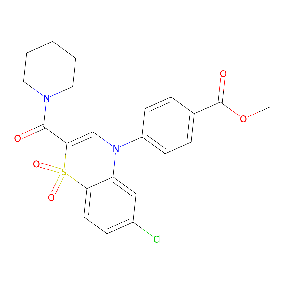 methyl 4-[6-chloro-1,1-dioxido-2-(piperidin-1-ylcarbonyl)-4H-1,4-benzothiazin-4-yl]benzoate molecular structure, CAS 1251580-31-0