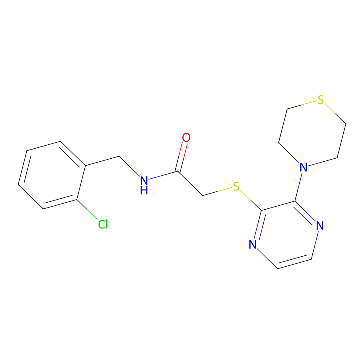 N-[(2-chlorophenyl)methyl]-2-{[3-(thiomorpholin-4-yl)pyrazin-2-yl]sulfanyl}acetamide molecular structure, CAS 1251580-39-8