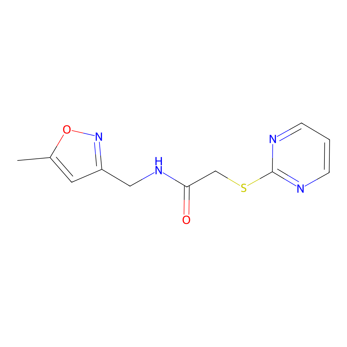 N-((5-methylisoxazol-3-yl)methyl)-2-(pyrimidin-2-ylthio)acetamide molecular structure, CAS 1251580-40-1