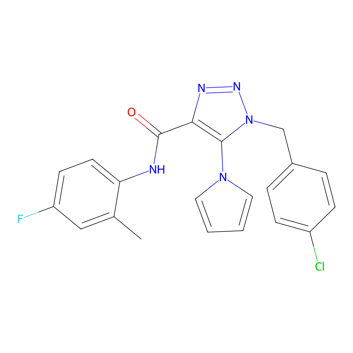 1-[(4-chlorophenyl)methyl]-N-(4-fluoro-2-methylphenyl)-5-(1H-pyrrol-1-yl)-1H-1,2,3-triazole-4-carboxamide molecular structure, CAS 1251580-41-2