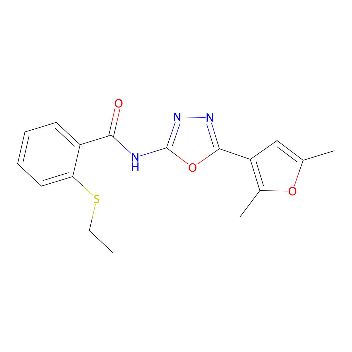 N-(5-(2,5-dimethylfuran-3-yl)-1,3,4-oxadiazol-2-yl)-2-(ethylthio)benzamide molecular structure, CAS 1251580-51-4