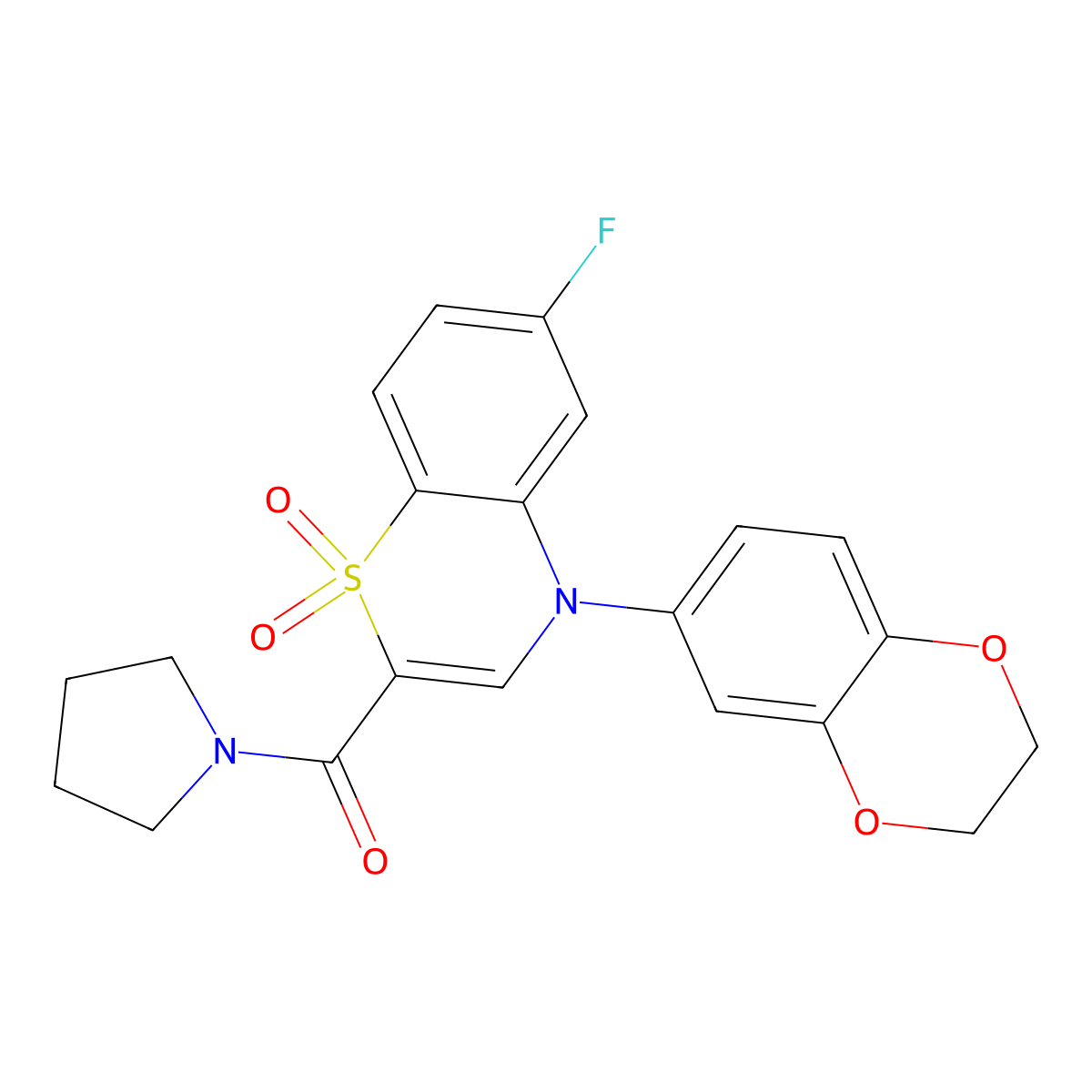4-(2,3-dihydro-1,4-benzodioxin-6-yl)-6-fluoro-2-(pyrrolidine-1-carbonyl)-4H-1lambda6,4-benzothiazine-1,1-dione molecular structure, CAS 1251580-66-1