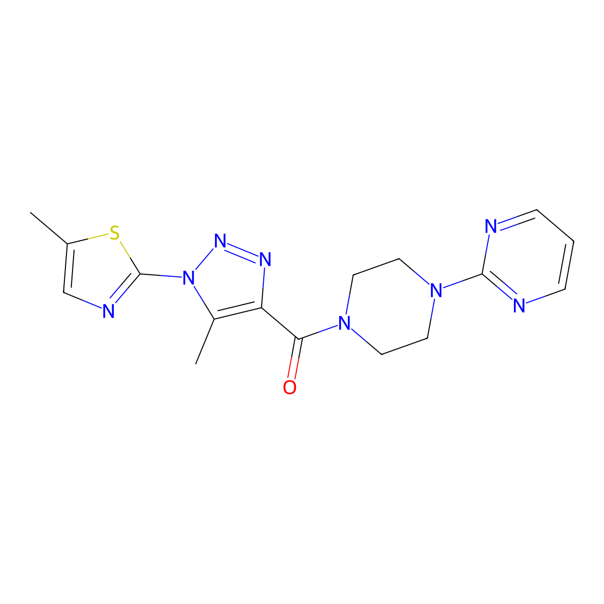 (5-methyl-1-(5-methylthiazol-2-yl)-1H-1,2,3-triazol-4-yl)(4-(pyrimidin-2-yl)piperazin-1-yl)methanone molecular structure, CAS 1251580-83-2