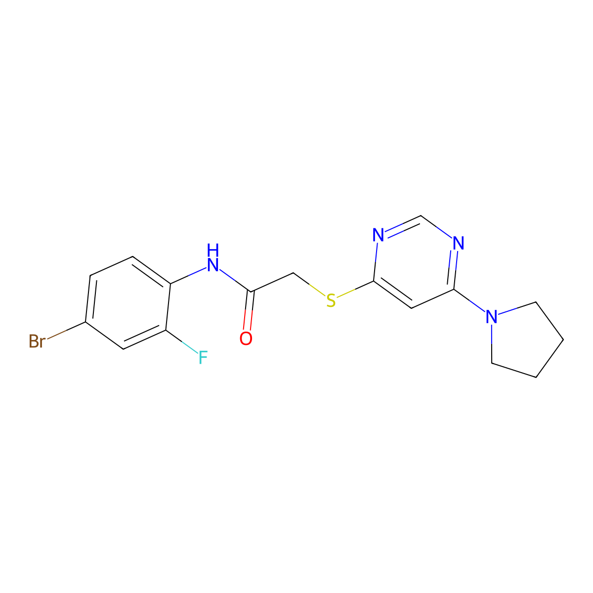 N-(4-bromo-2-fluorophenyl)-2-((6-(pyrrolidin-1-yl)pyrimidin-4-yl)thio)acetamide molecular structure, CAS 1251582-15-6