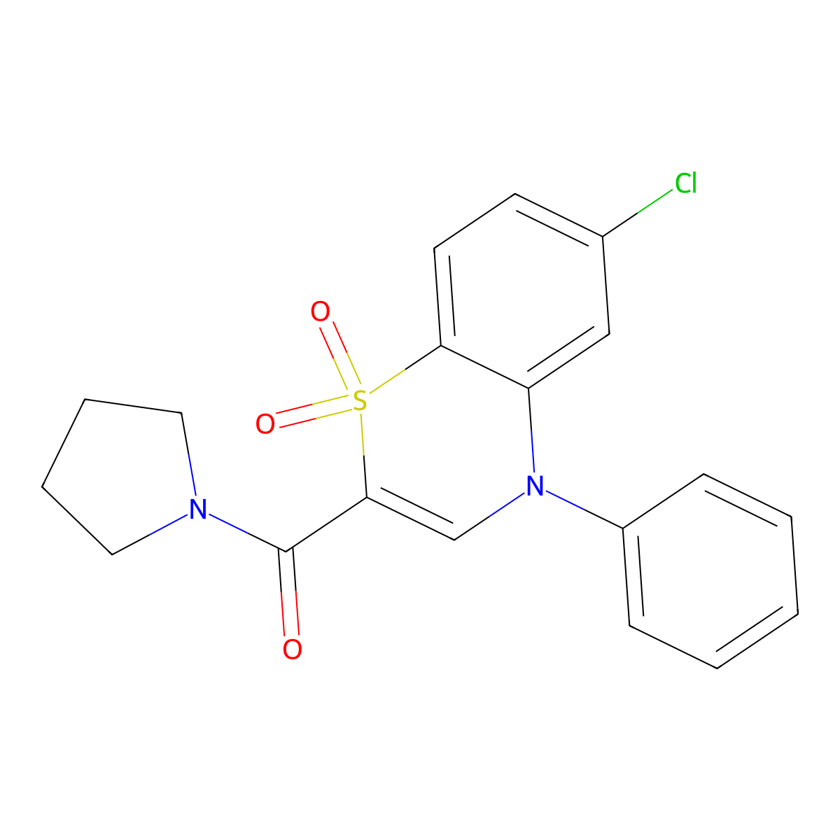 (6-chloro-1,1-dioxido-4-phenyl-4H-benzo[b][1,4]thiazin-2-yl)(pyrrolidin-1-yl)methanone molecular structure, CAS 1251582-35-0