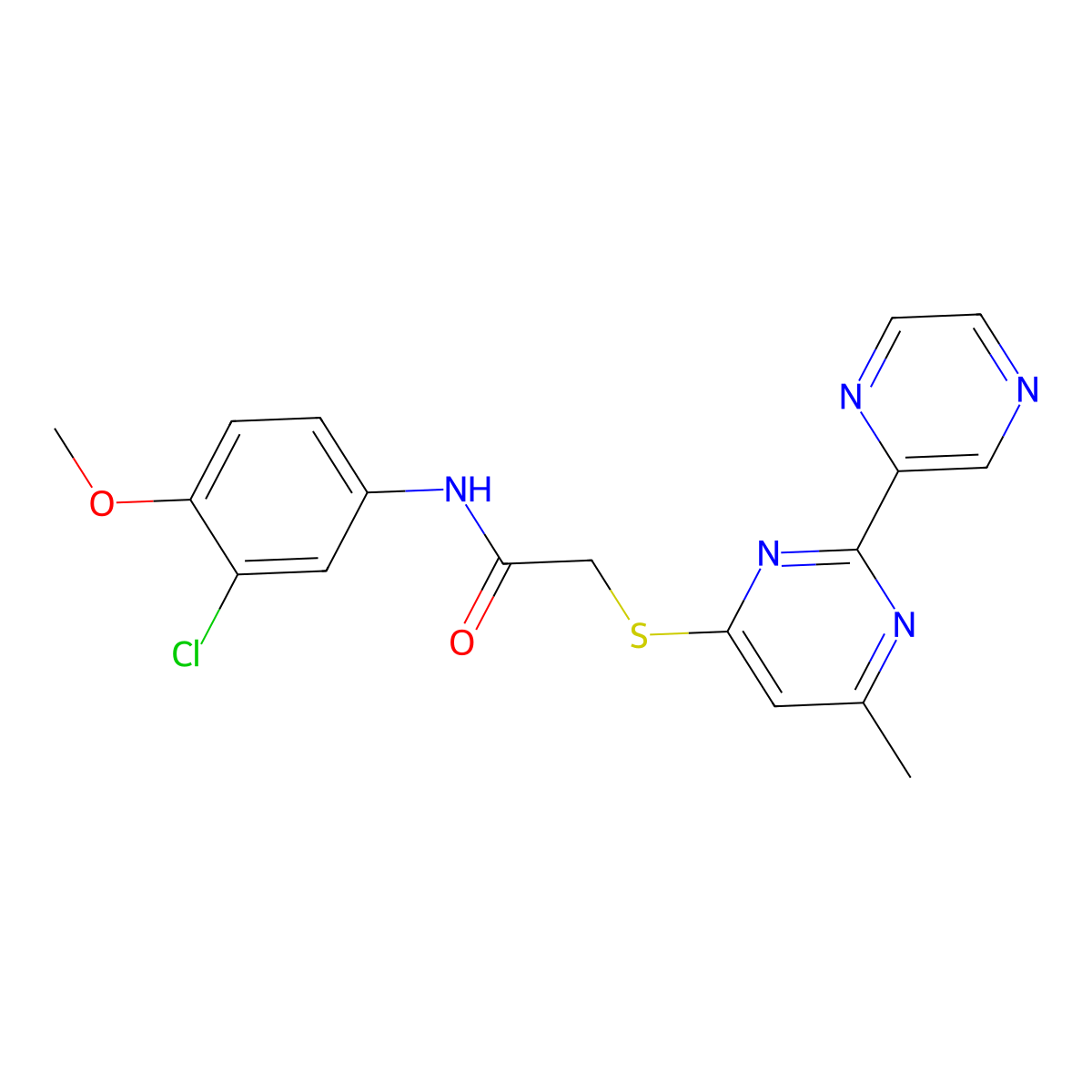 N-(3-chloro-4-methoxyphenyl)-2-((6-methyl-2-(pyrazin-2-yl)pyrimidin-4-yl)thio)acetamide molecular structure, CAS 1251582-94-1
