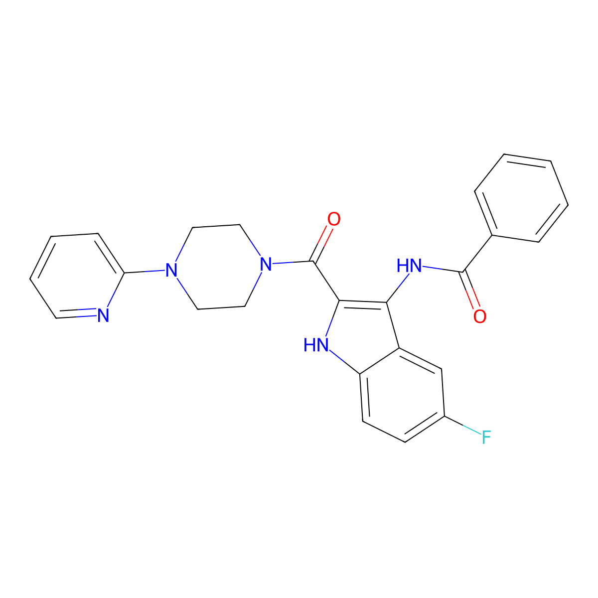 N-{5-fluoro-2-[4-(pyridin-2-yl)piperazine-1-carbonyl]-1H-indol-3-yl}benzamide molecular structure, CAS 1251583-08-0