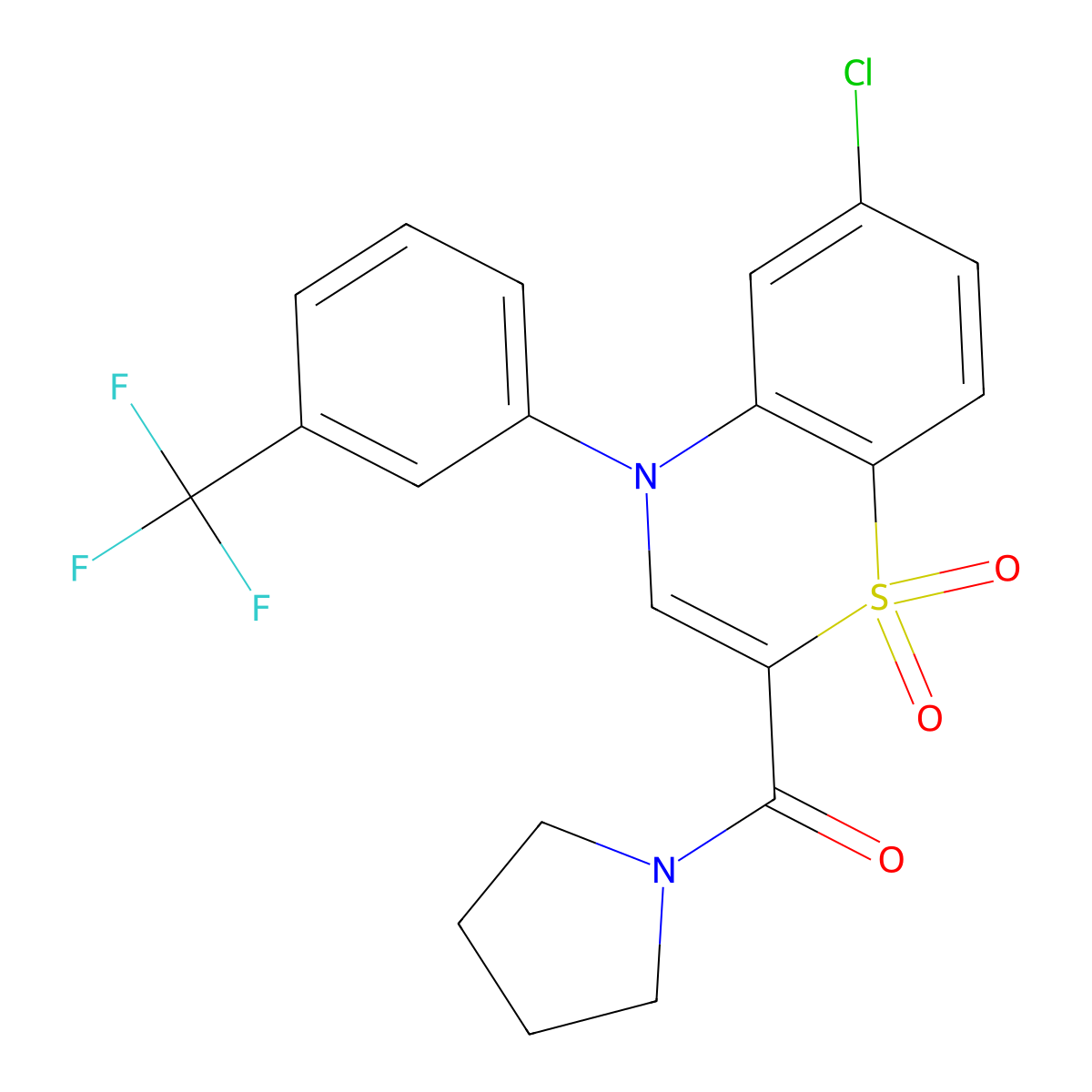 6-chloro-2-(pyrrolidin-1-ylcarbonyl)-4-[3-(trifluoromethyl)phenyl]-4H-1,4-benzothiazine 1,1-dioxide molecular structure, CAS 1251583-45-5