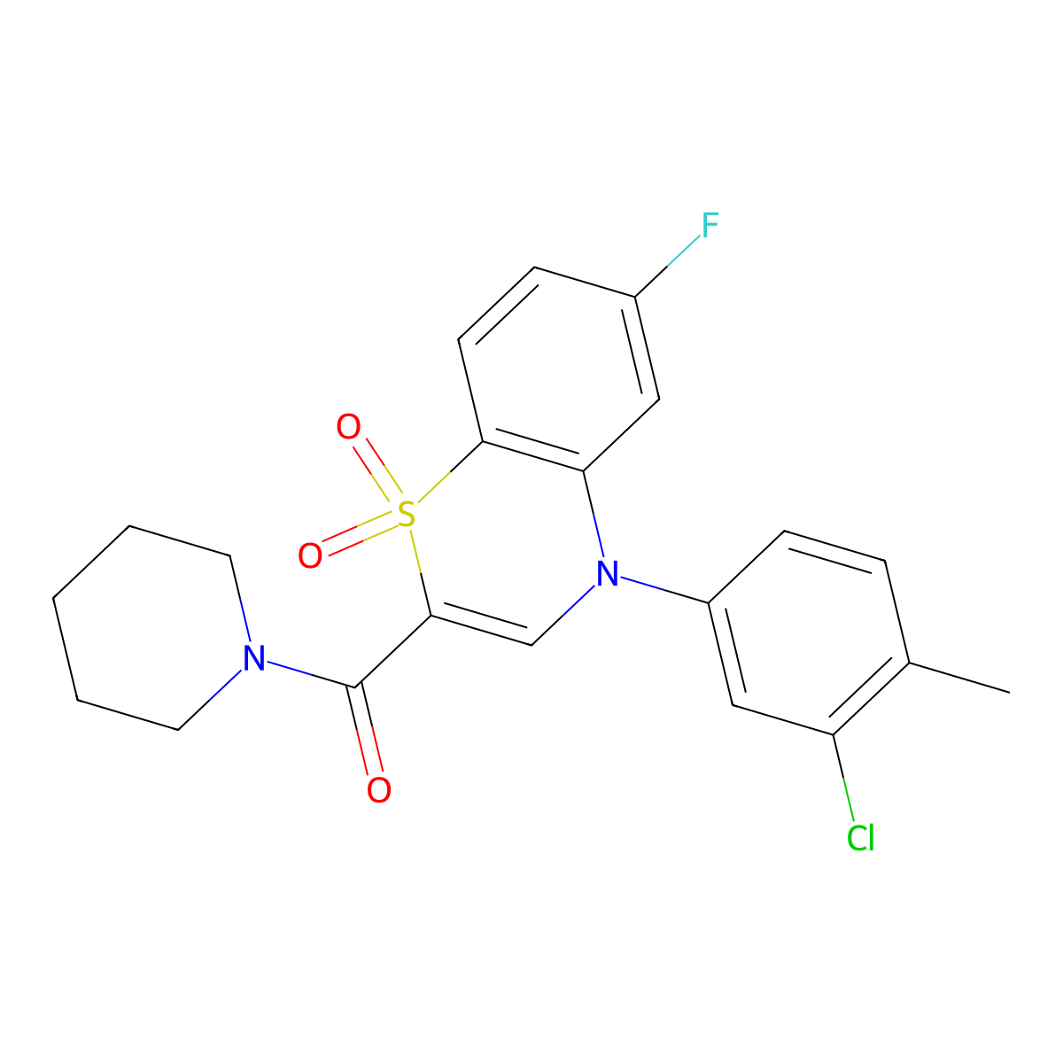 (4-(3-chloro-4-methylphenyl)-6-fluoro-1,1-dioxido-4H-benzo[b][1,4]thiazin-2-yl)(piperidin-1-yl)methanone molecular structure, CAS 1251583-65-9