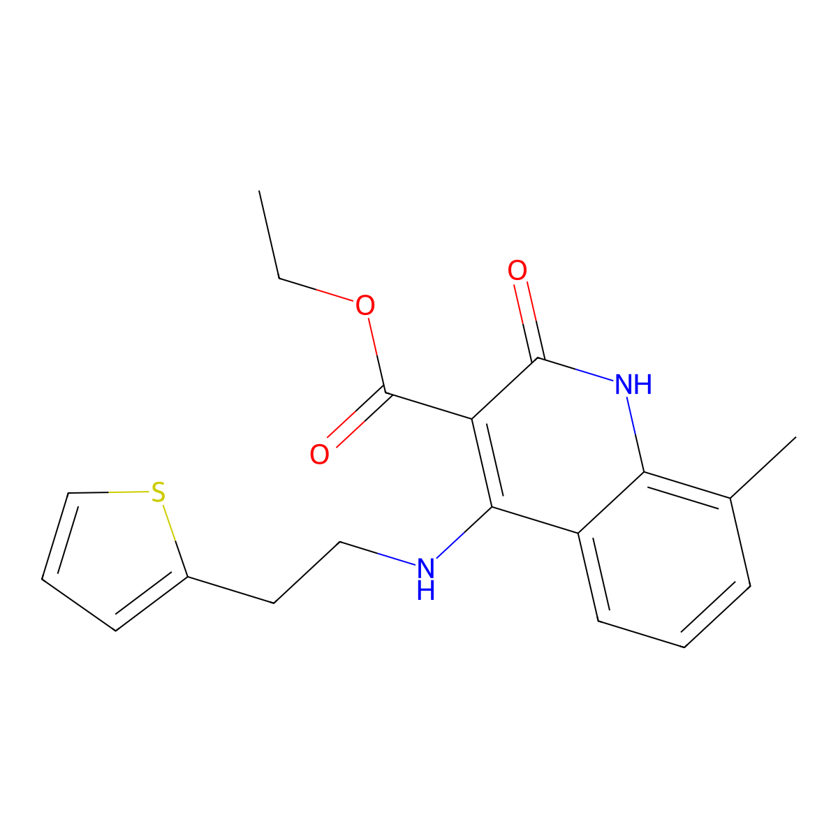 Ethyl 8-methyl-2-oxo-4-((2-(thiophen-2-yl)ethyl)amino)-1,2-dihydroquinoline-3-carboxylate molecular structure, CAS 1251583-76-2