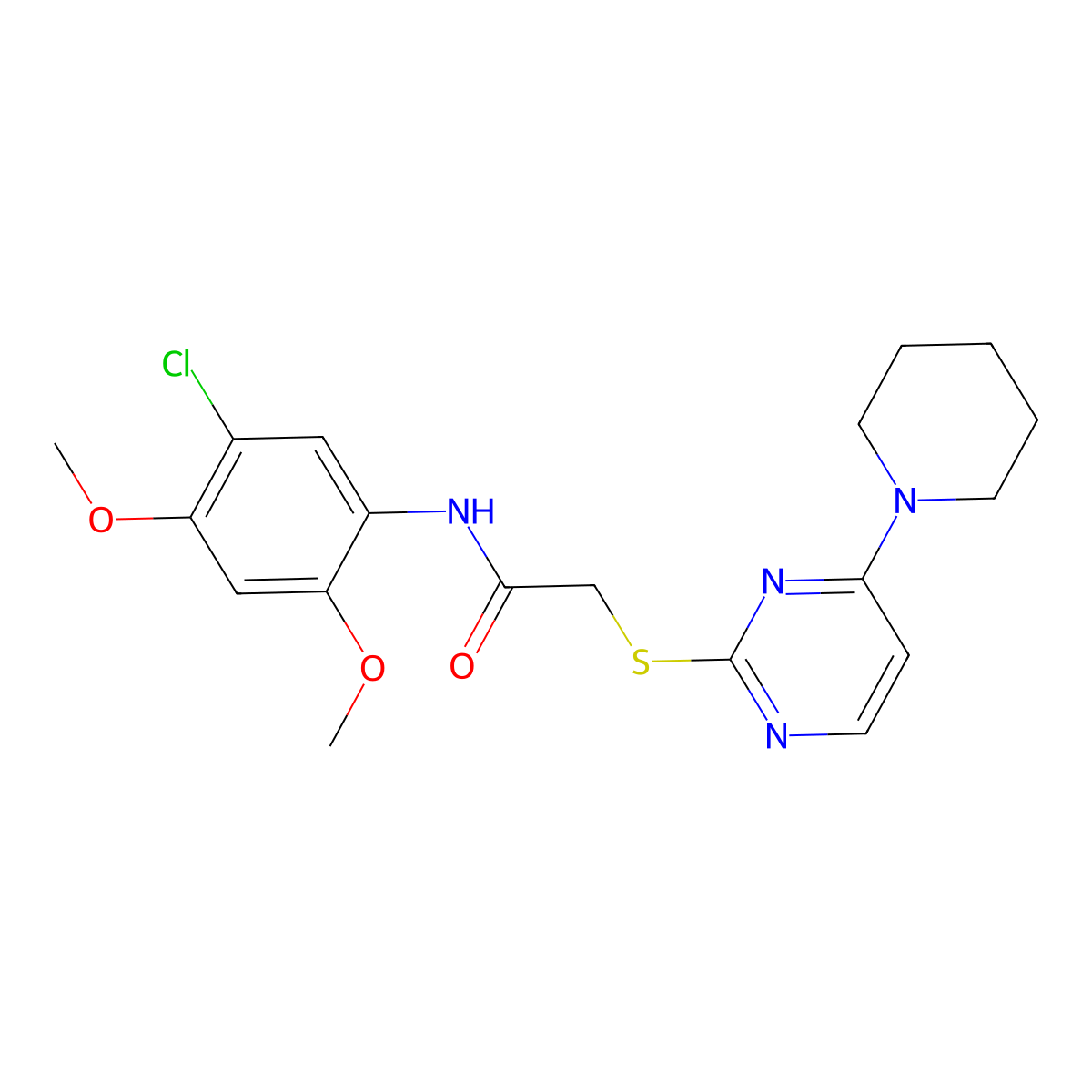 N-(5-chloro-2,4-dimethoxyphenyl)-2-((4-(piperidin-1-yl)pyrimidin-2-yl)thio)acetamide molecular structure, CAS 1251583-90-0