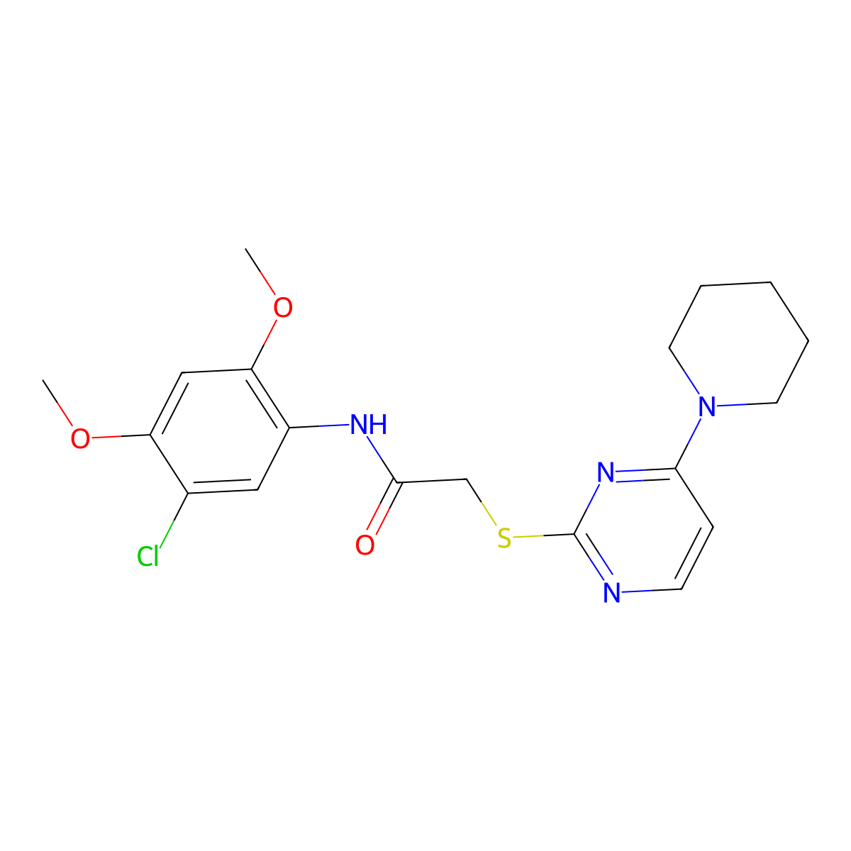 N-(5-chloro-2,4-dimethoxyphenyl)-2-((4-(piperidin-1-yl)pyrimidin-2-yl)thio)acetamide molecular structure, CAS 1251583-90-0