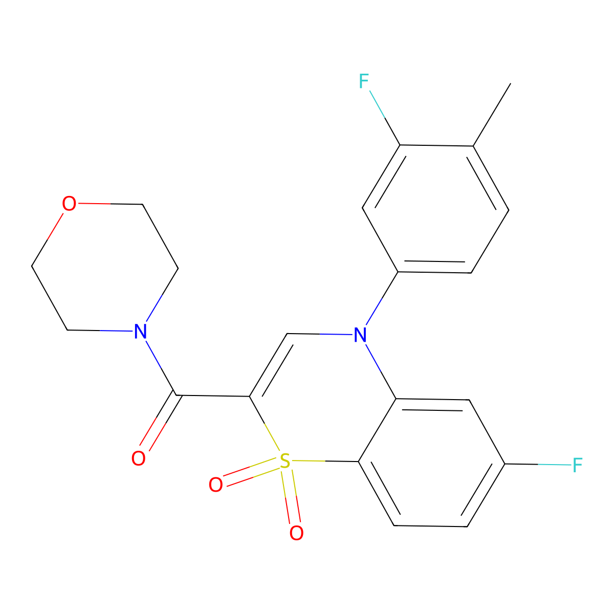(6-fluoro-4-(3-fluoro-4-methylphenyl)-1,1-dioxido-4H-benzo[b][1,4]thiazin-2-yl)(morpholino)methanone molecular structure, CAS 1251584-02-7