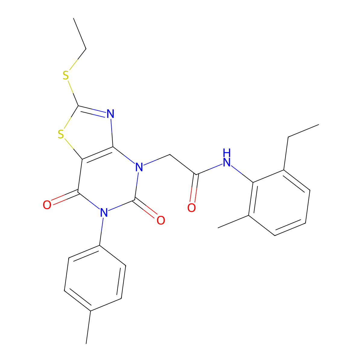 N-(2-ethyl-6-methylphenyl)-2-(2-(ethylthio)-5,7-dioxo-6-(p-tolyl)-6,7-dihydrothiazolo[4,5-d]pyrimidin-4(5H)-yl)acetamide molecular structure, CAS 1251584-12-9
