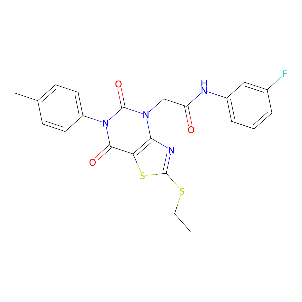 2-(2-(ethylthio)-5,7-dioxo-6-(p-tolyl)-6,7-dihydrothiazolo[4,5-d]pyrimidin-4(5H)-yl)-N-(3-fluorophenyl)acetamide molecular structure, CAS 1251584-17-4