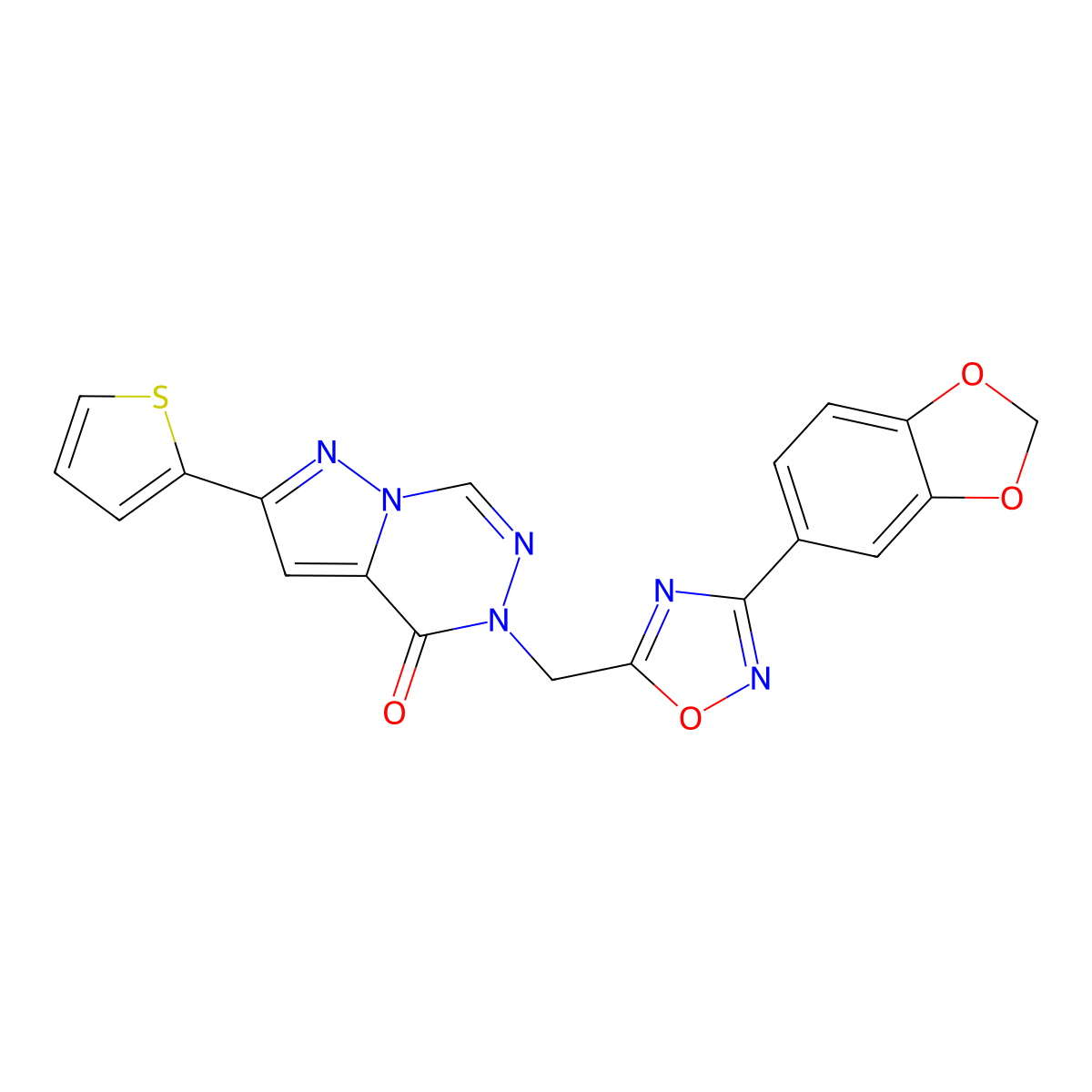 5-{[3-(2H-1,3-benzodioxol-5-yl)-1,2,4-oxadiazol-5-yl]methyl}-2-(thiophen-2-yl)-4H,5H-pyrazolo[1,5-d][1,2,4]triazin-4-one molecular structure, CAS 1251584-34-5