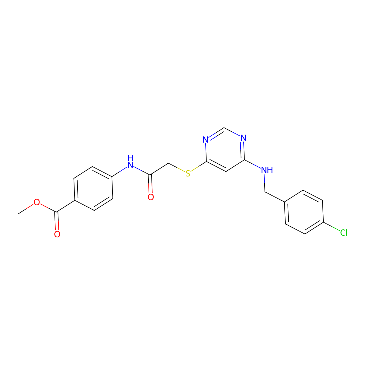 Methyl 4-(2-((6-((4-chlorobenzyl)amino)pyrimidin-4-yl)thio)acetamido)benzoate molecular structure, CAS 1251585-63-3
