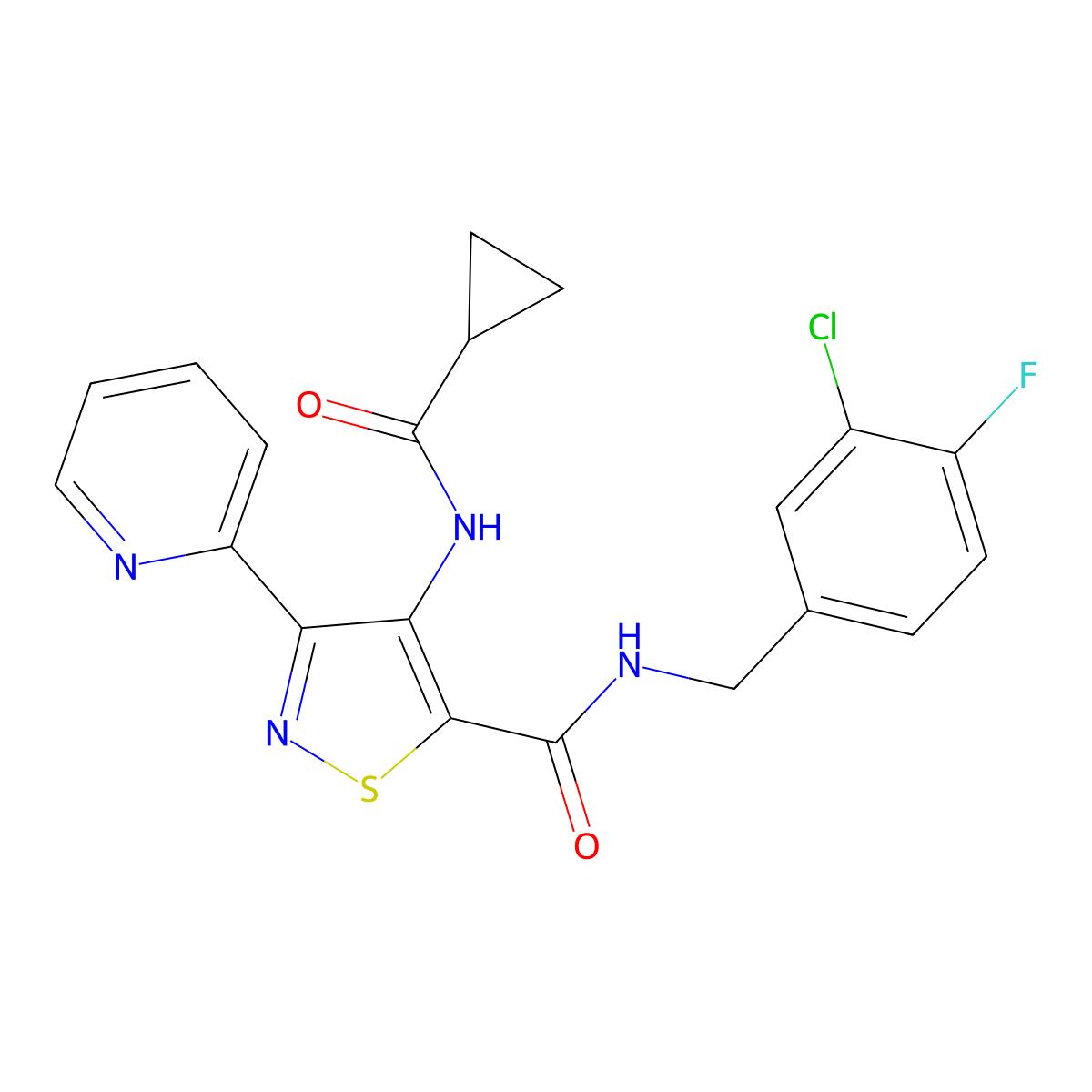 N-[(3-chloro-4-fluorophenyl)methyl]-4-cyclopropaneamido-3-(pyridin-2-yl)-1,2-thiazole-5-carboxamide molecular structure, CAS 1251585-79-1