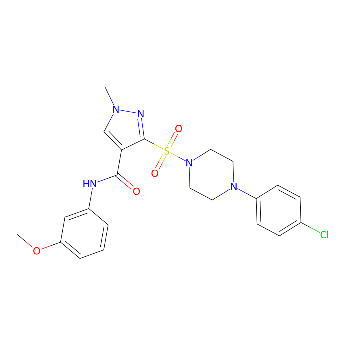 3-{[4-(4-chlorophenyl)piperazin-1-yl]sulfonyl}-N-(3-methoxyphenyl)-1-methyl-1H-pyrazole-4-carboxamide molecular structure, CAS 1251586-23-8