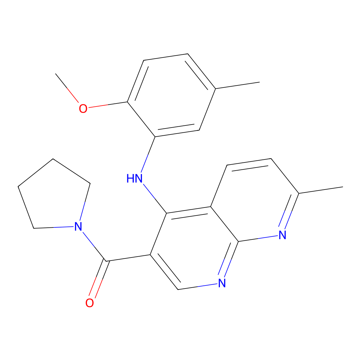 (4-((2-Methoxy-5-methylphenyl)amino)-7-methyl-1,8-naphthyridin-3-yl)(pyrrolidin-1-yl)methanone molecular structure, CAS 1251586-41-0