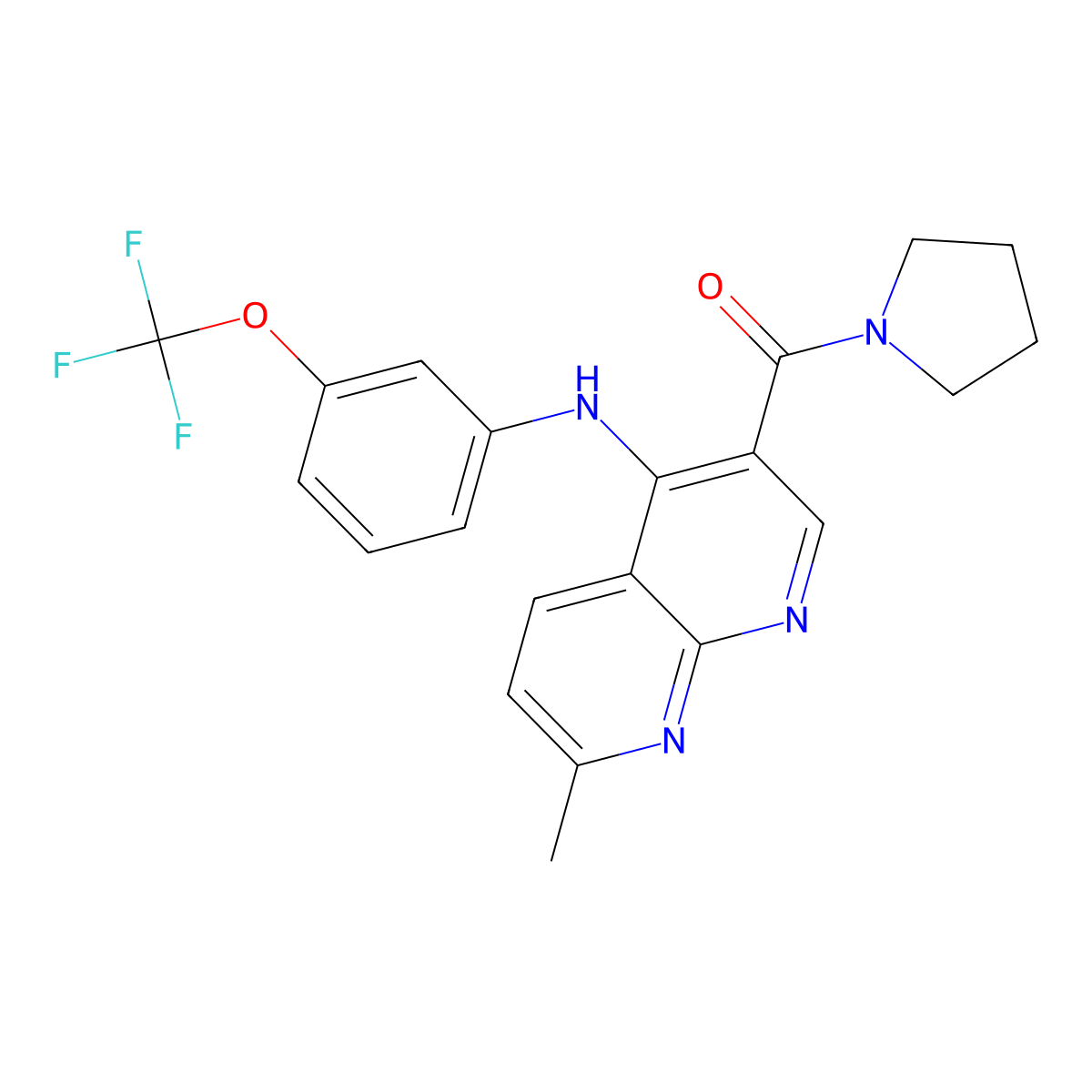 (7-Methyl-4-((3-(trifluoromethoxy)phenyl)amino)-1,8-naphthyridin-3-yl)(pyrrolidin-1-yl)methanone molecular structure, CAS 1251586-53-4