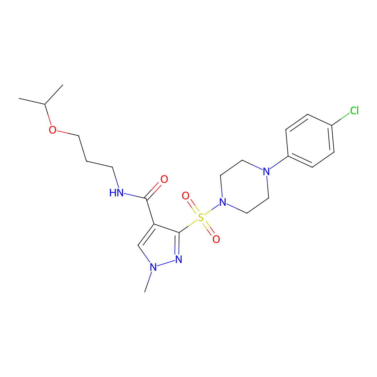 3-{[4-(4-chlorophenyl)piperazin-1-yl]sulfonyl}-1-methyl-N-[3-(propan-2-yloxy)propyl]-1H-pyrazole-4-carboxamide molecular structure, CAS 1251586-66-9