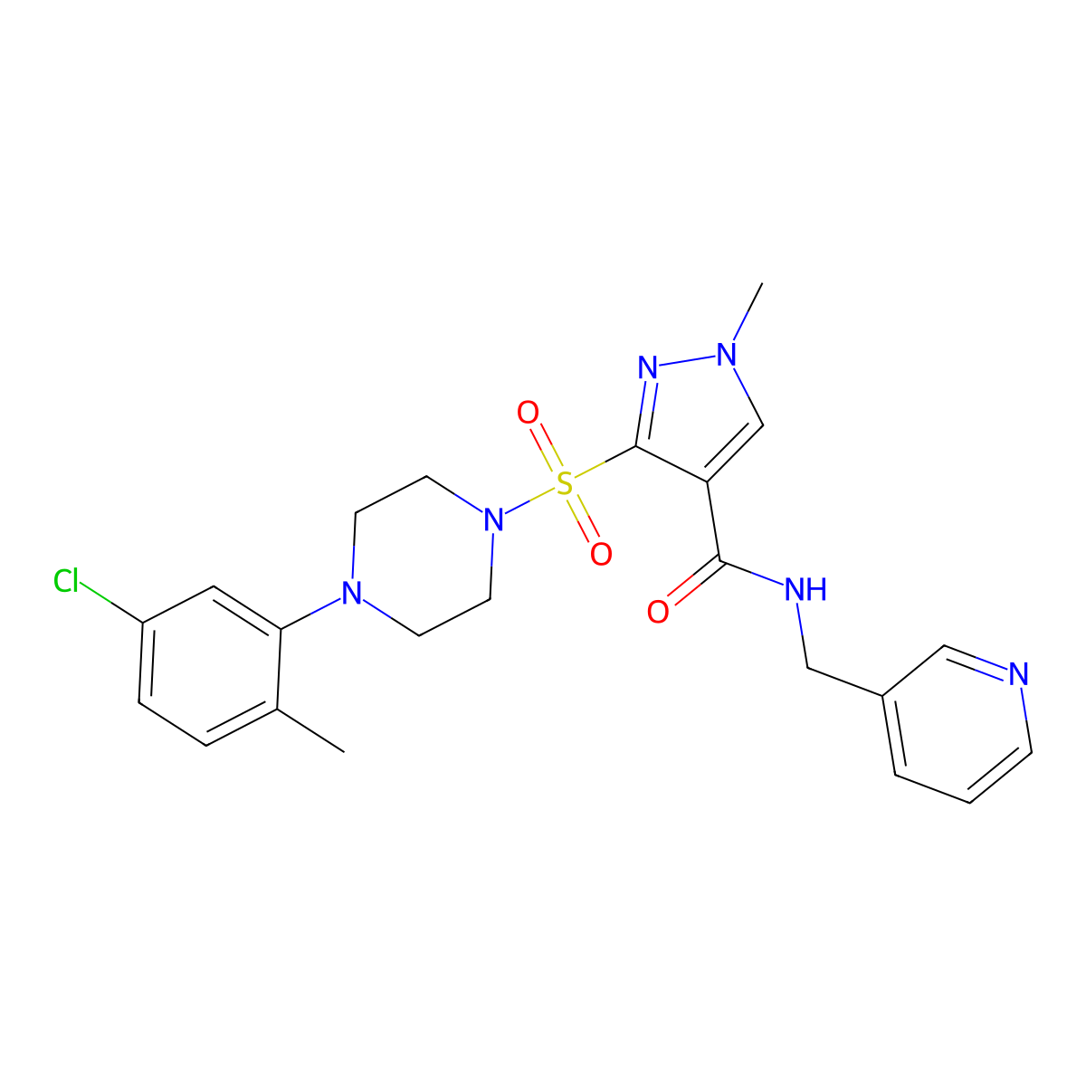 3-((4-(5-chloro-2-methylphenyl)piperazin-1-yl)sulfonyl)-1-methyl-N-(pyridin-3-ylmethyl)-1H-pyrazole-4-carboxamide molecular structure, CAS 1251586-75-0