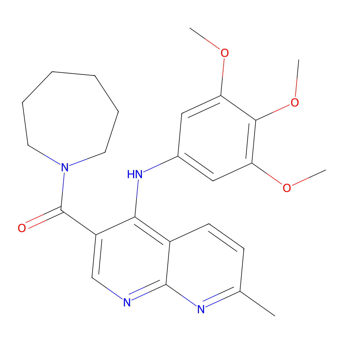 Azepan-1-yl(7-methyl-4-((3,4,5-trimethoxyphenyl)amino)-1,8-naphthyridin-3-yl)methanone molecular structure, CAS 1251586-84-1