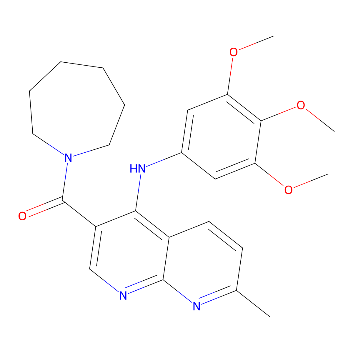 Azepan-1-yl(7-methyl-4-((3,4,5-trimethoxyphenyl)amino)-1,8-naphthyridin-3-yl)methanone molecular structure, CAS 1251586-84-1