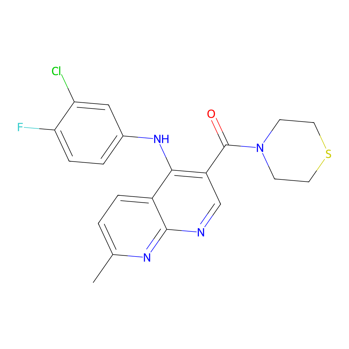 (4-((3-Chloro-4-fluorophenyl)amino)-7-methyl-1,8-naphthyridin-3-yl)(thiomorpholino)methanone molecular structure, CAS 1251587-10-6