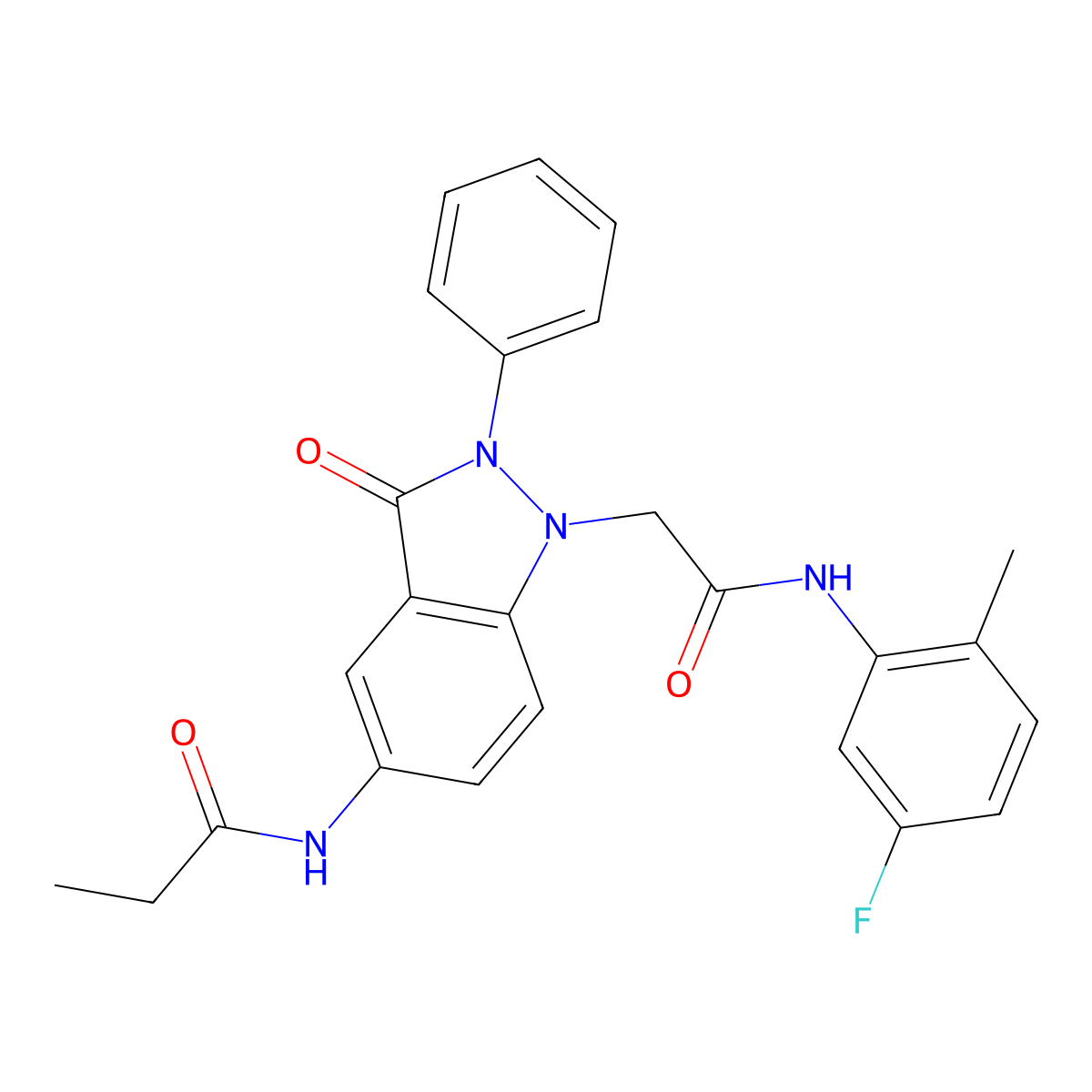 N-(1-{[(5-fluoro-2-methylphenyl)carbamoyl]methyl}-3-oxo-2-phenyl-2,3-dihydro-1H-indazol-5-yl)propanamide molecular structure, CAS 1251587-51-5