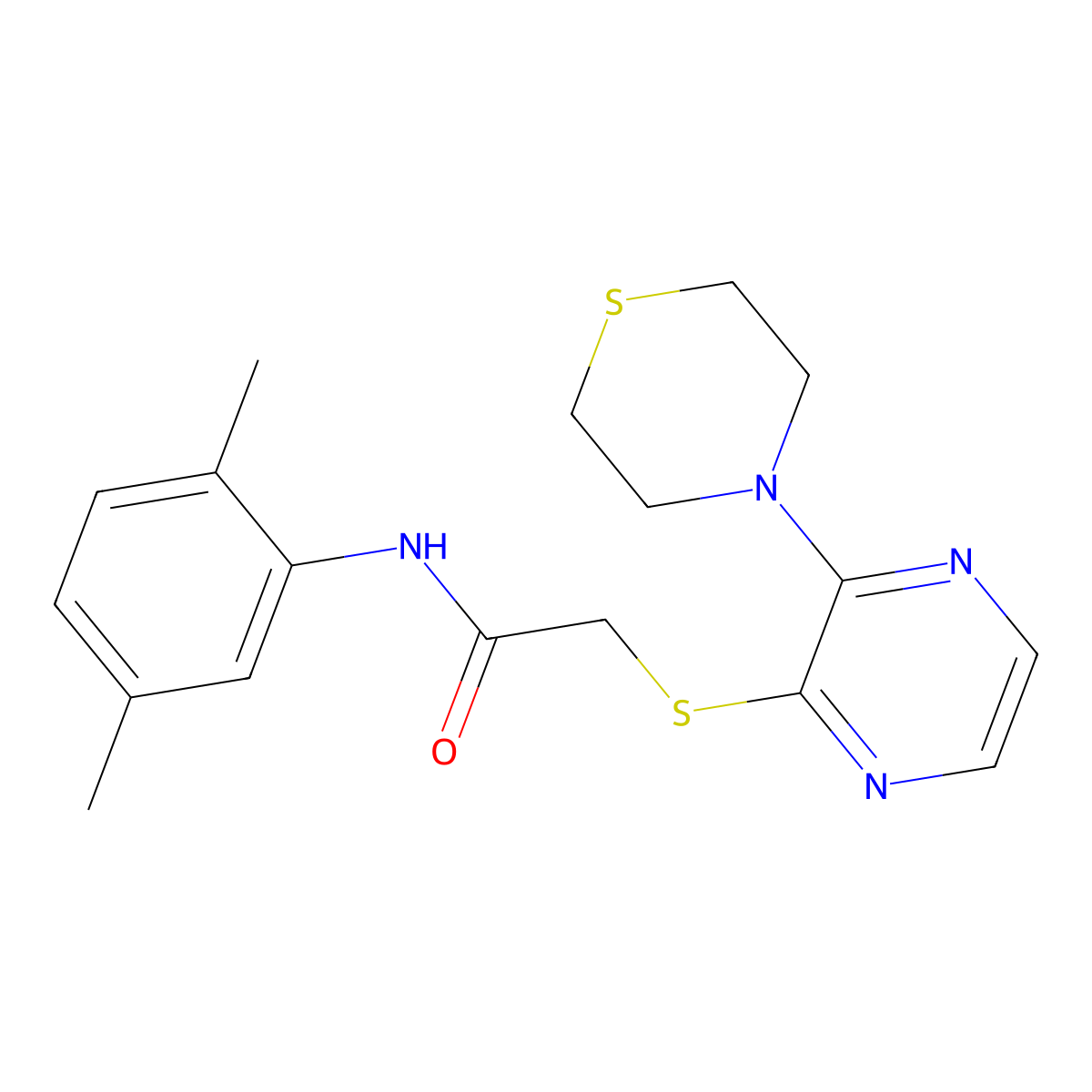 N-(2,5-dimethylphenyl)-2-{[3-(thiomorpholin-4-yl)pyrazin-2-yl]sulfanyl}acetamide molecular structure, CAS 1251587-56-0