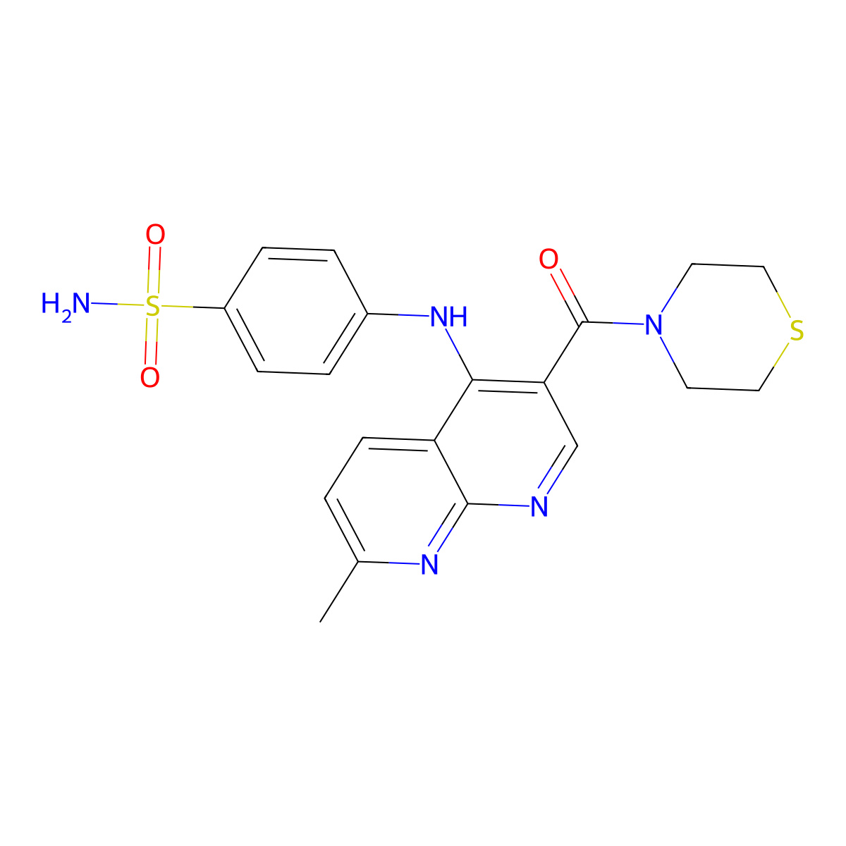 4-((7-Methyl-3-(thiomorpholine-4-carbonyl)-1,8-naphthyridin-4-yl)amino)benzenesulfonamide molecular structure, CAS 1251587-62-8