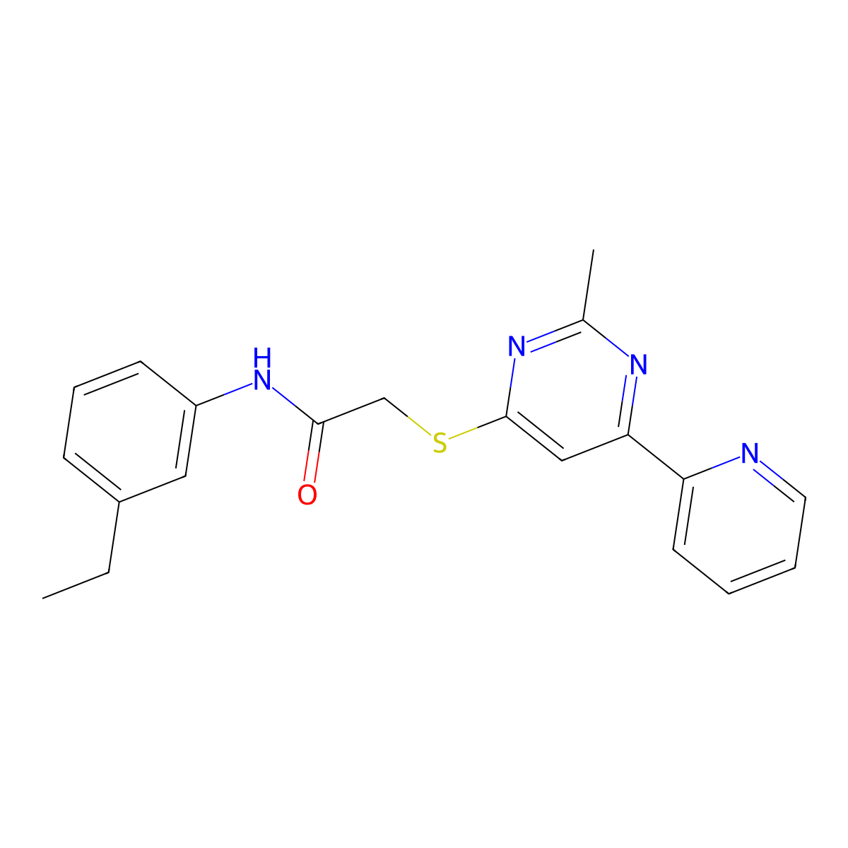 N-(3-ethylphenyl)-2-((2-methyl-6-(pyridin-2-yl)pyrimidin-4-yl)thio)acetamide molecular structure, CAS 1251587-86-6