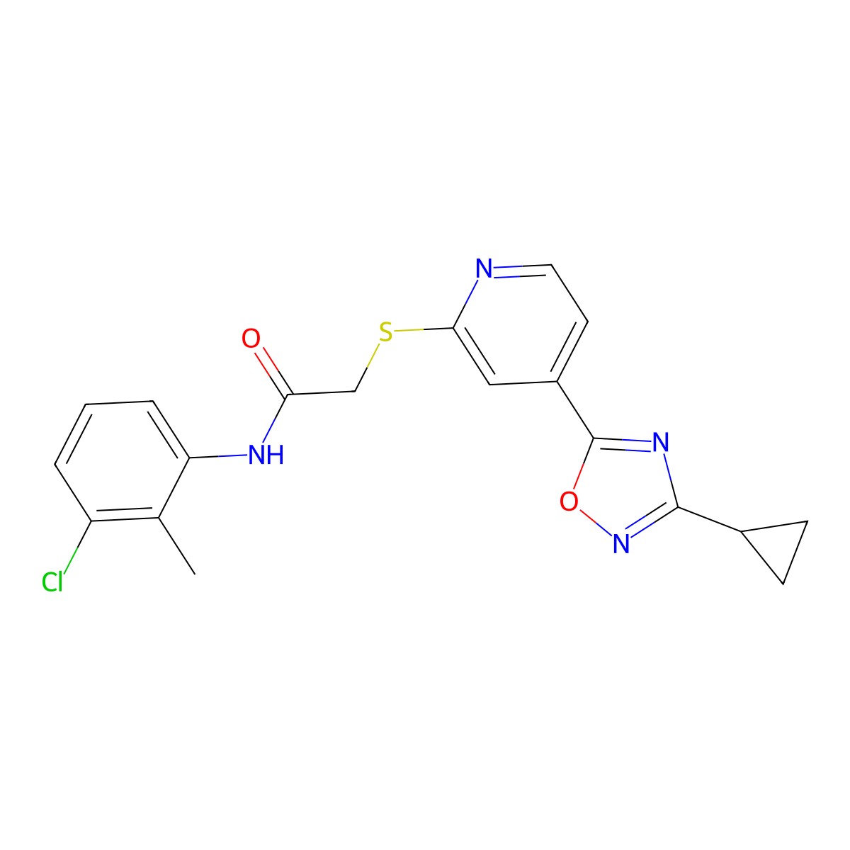 N-(3-chloro-2-methylphenyl)-2-((4-(3-cyclopropyl-1,2,4-oxadiazol-5-yl)pyridin-2-yl)thio)acetamide molecular structure, CAS 1251588-03-0