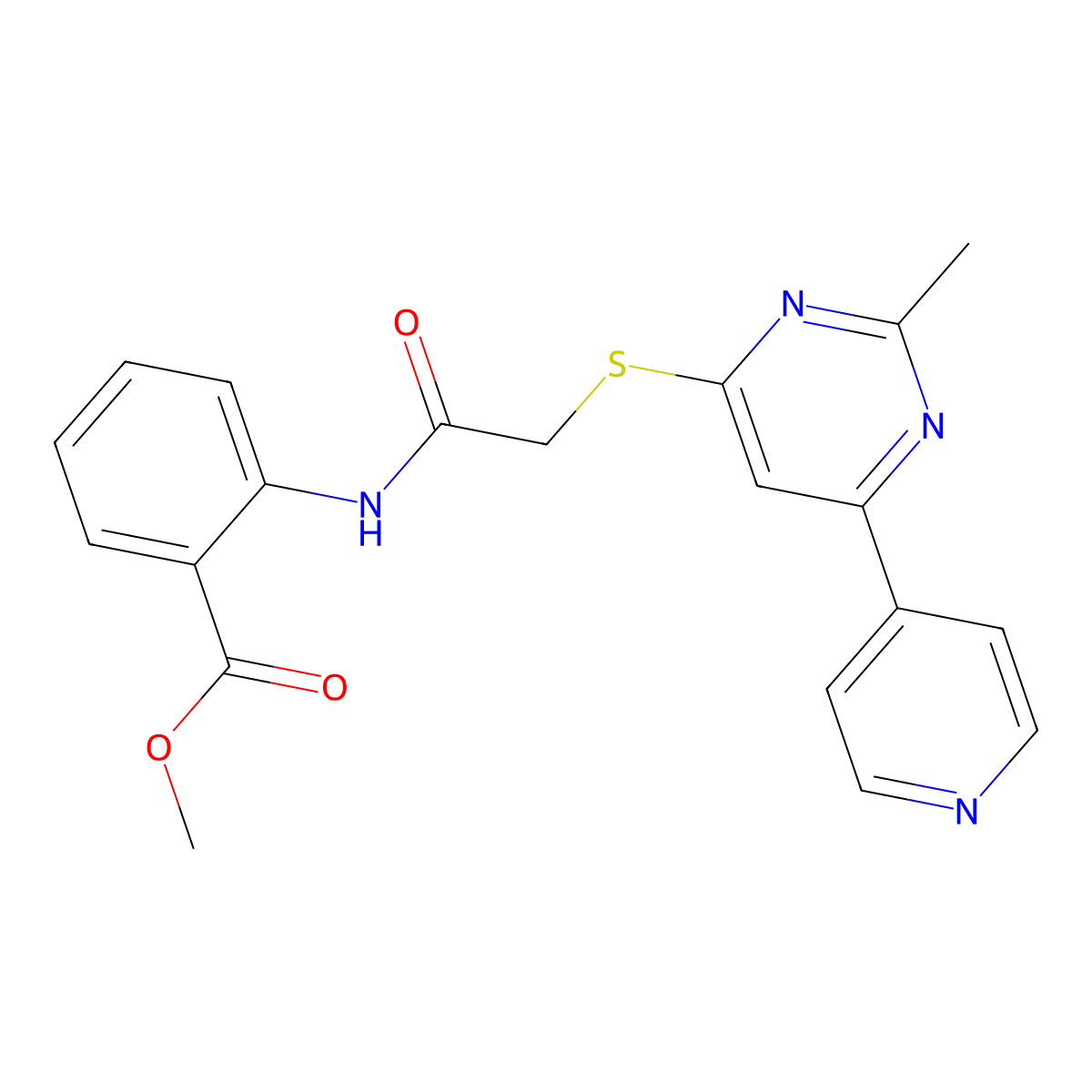 Methyl 2-(2-((2-methyl-6-(pyridin-4-yl)pyrimidin-4-yl)thio)acetamido)benzoate molecular structure, CAS 1251588-12-1