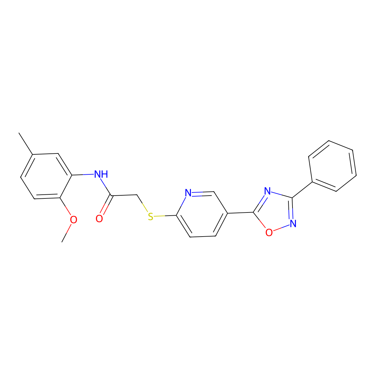 N-(2-methoxy-5-methylphenyl)-2-((5-(3-phenyl-1,2,4-oxadiazol-5-yl)pyridin-2-yl)thio)acetamide molecular structure, CAS 1251588-20-1